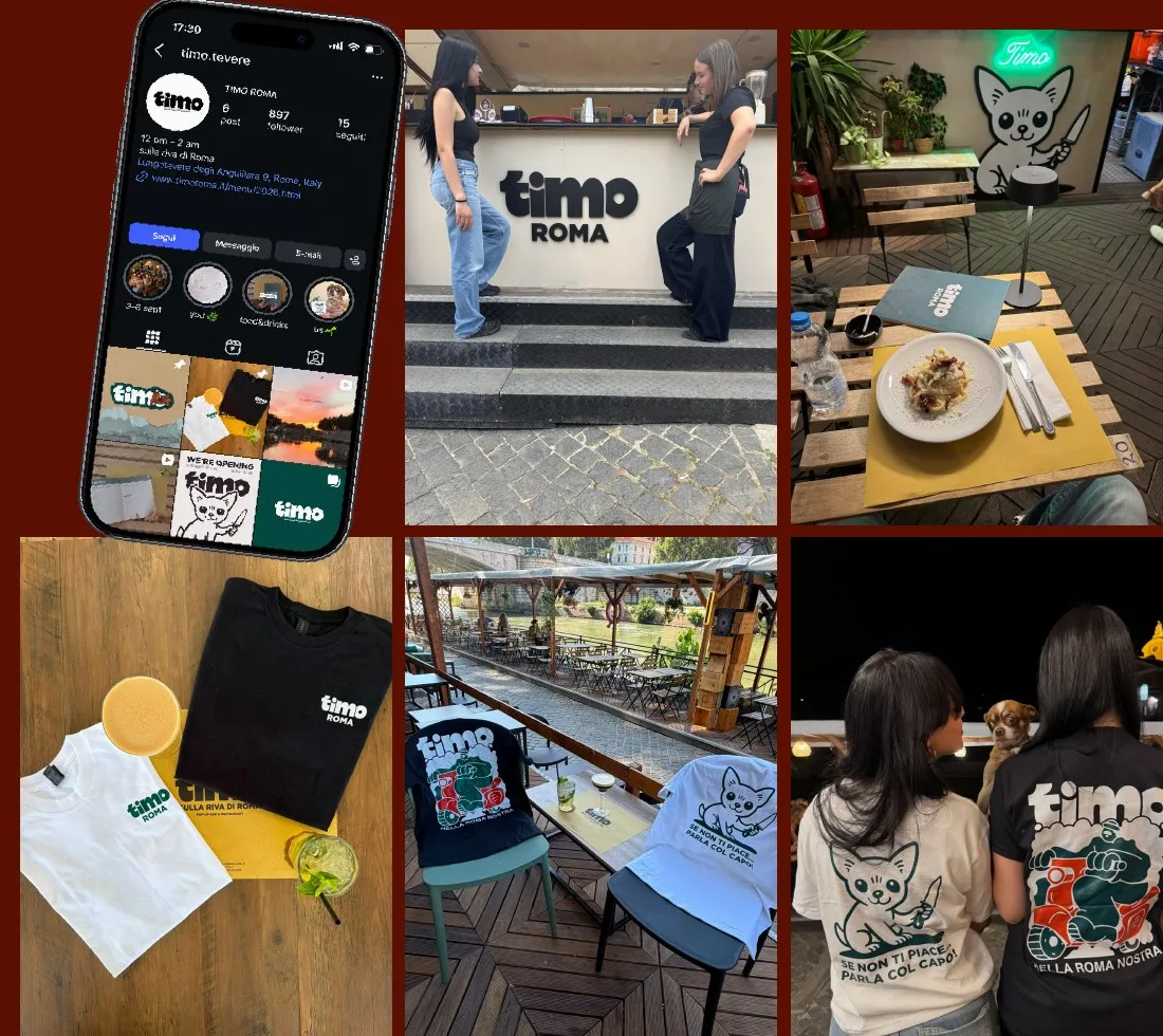 Progetto TIMO: insegna, menu, t-shirt e locale